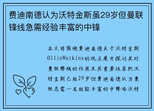 费迪南德认为沃特金斯虽29岁但曼联锋线急需经验丰富的中锋