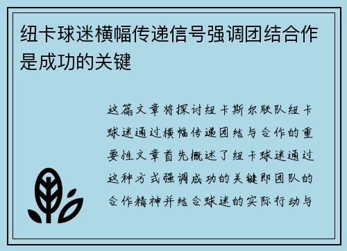 纽卡球迷横幅传递信号强调团结合作是成功的关键