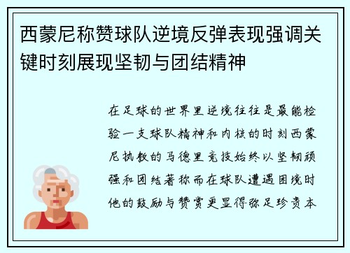 西蒙尼称赞球队逆境反弹表现强调关键时刻展现坚韧与团结精神